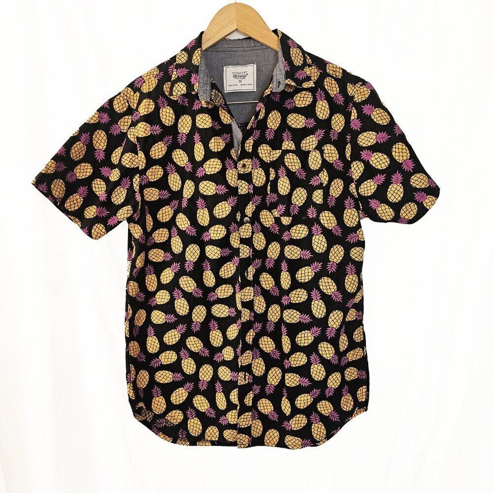 Straight Faded Medium Men's Pineapple Print Short Sleeve Button-Up Shirt